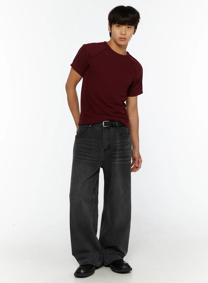 LEWKIN Men's Vintage Relaxed Fit Jeans IL510 Dark gray full-length front view on model standing straight styled with burgundy tee and black belt