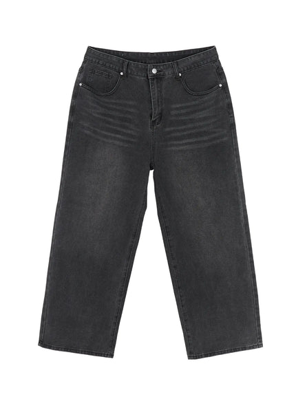 Men's Vintage Relaxed Fit Jeans IL510 Dark gray flat-lay full front view displaying wide-leg relaxed silhouette overall faded wash and silver rivet details