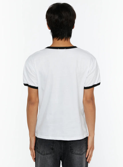 Men's Vintage Rodeo T-Shirt IL513 White back shot on male model showing plain white cotton body black ringer neckline and contrast sleeve cuffs