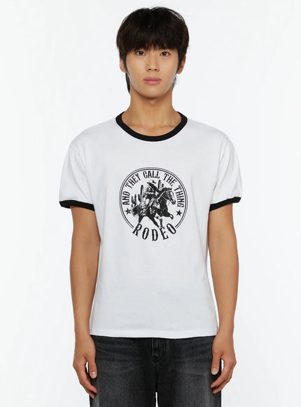 Men's Vintage Rodeo T-Shirt IL513 White straight-on front shot on male model close framing highlighting black ringer neckline and full Rodeo circular chest print