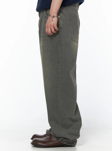 Men's Vintage Semi-Wide Jeans IL502 Gray back view on model revealing dual back pockets with topstitching, faded vintage wash, and extra-wide leg hem pooling at floor