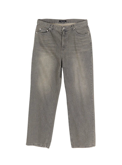 Men's Vintage Semi-Wide Jeans IL502 Gray flat-lay front view showing full-length wide-leg silhouette, faded gray wash with warm tonal variation, and clean hem finish