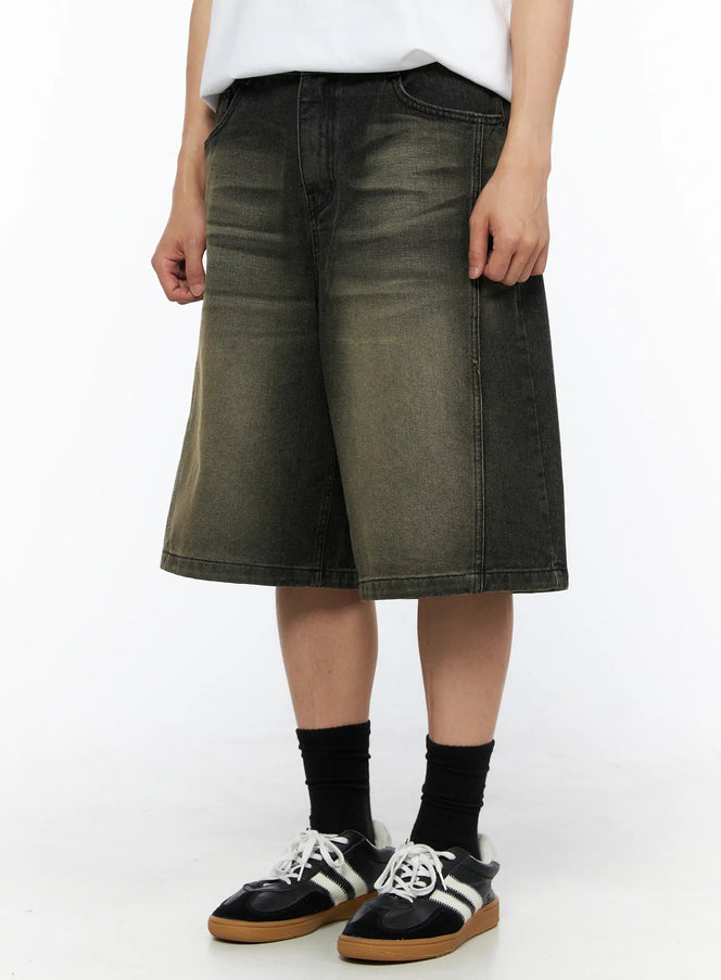 Men's Vintage Wash Jorts IL514 olive green closer front shot on model showing wide-leg silhouette and faded wash denim texture