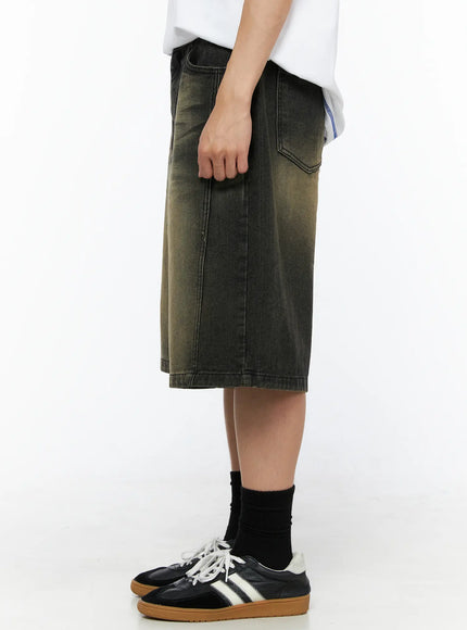 Men's Vintage Wash Jorts IL514 olive green side shot on model showing side pocket detail and vertical seam on wide-leg washed denim