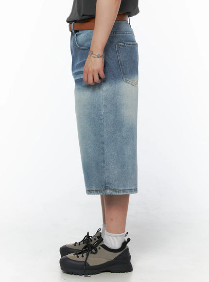 Men's Vintage Wash Jorts IU523 Light blue side-profile close-up on model showing gradient fade wash, back pocket detail, and wide boxy leg shape