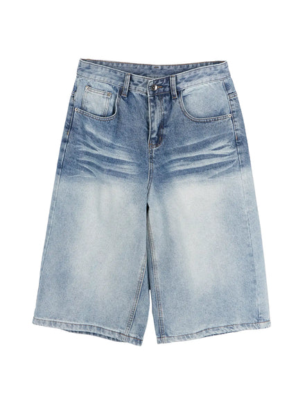 Men's Vintage Wash Jorts IU523 Light blue flat-lay front view showing wide-leg silhouette, faded wash gradient, front pockets, and button fly on white background