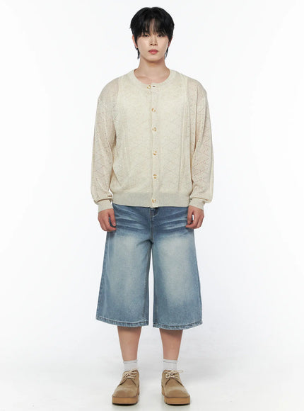 Men's Vintage Wash Jorts IU523 Light blue full-body front shot on male model styled with cream knit cardigan, arms at sides, wide-leg silhouette on white background