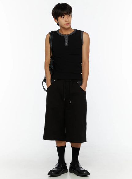 Men's Waffle Contrast Henley Tank IL507 in Black, size S/M
