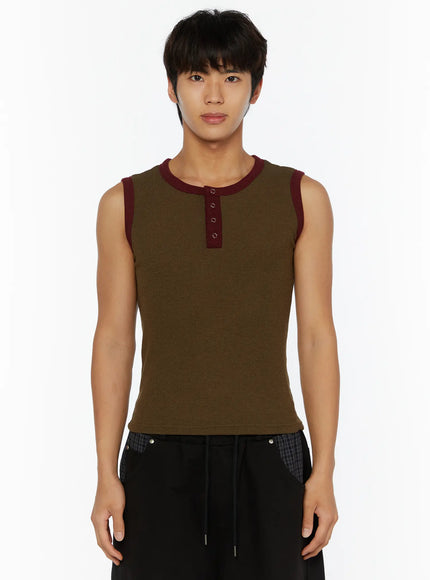 Men's Waffle Contrast Henley Tank IL507 in Dark green, size S/M