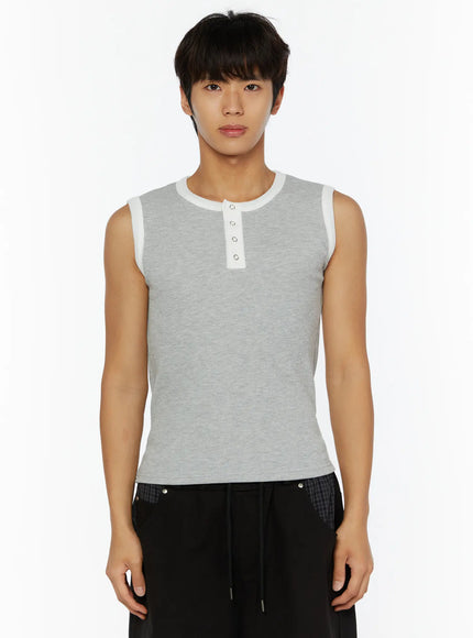 Men's Waffle Contrast Henley Tank IL507 in Gray, size S/M