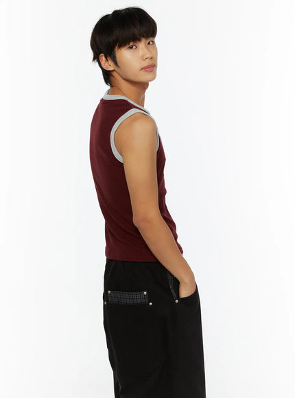 Men's Waffle Contrast Henley Tank IL507 Dark red side shot on model hand in pocket, gray contrast trim on armhole and neck, waffle texture visible