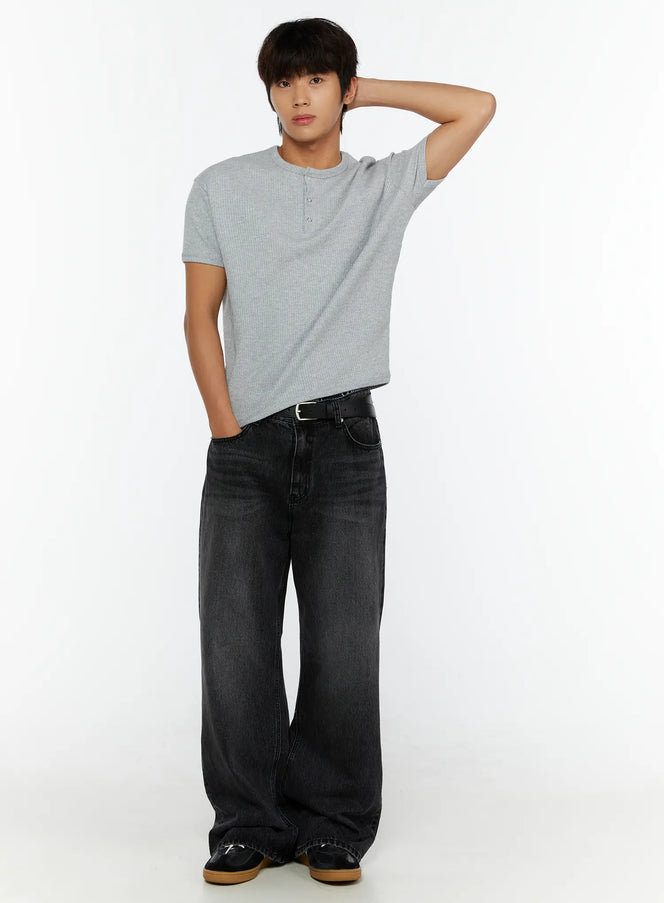 Men's Waffle Henley T-Shirt IL513 Gray full-body front view on male model arm raised behind head styled with black wide-leg jeans and loafers