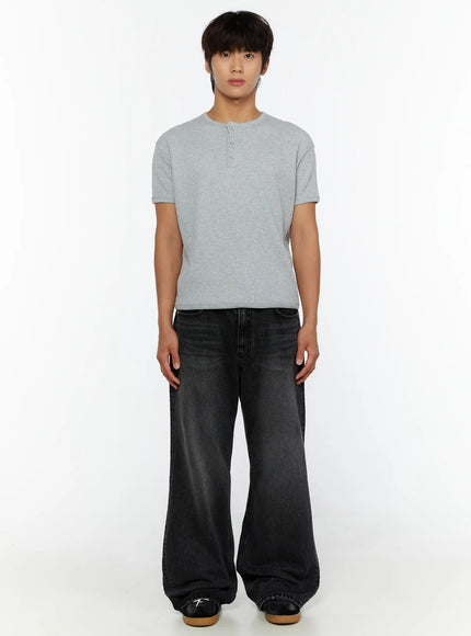 Men's Waffle Henley T-Shirt IL513 Gray full-body front view on male model standing straight arms at sides styled with wide-leg black denim and loafers