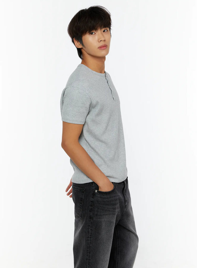 LEWKIN Men's Waffle Henley T-Shirt IL513 Gray side view on male model hand behind back paired with dark wide-leg jeans waffle-knit texture visible