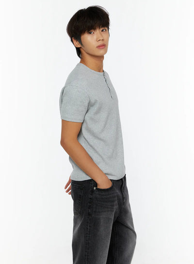LEWKIN Men's Waffle Henley T-Shirt IL513 Gray side view on male model hand behind back paired with dark wide-leg jeans waffle-knit texture visible