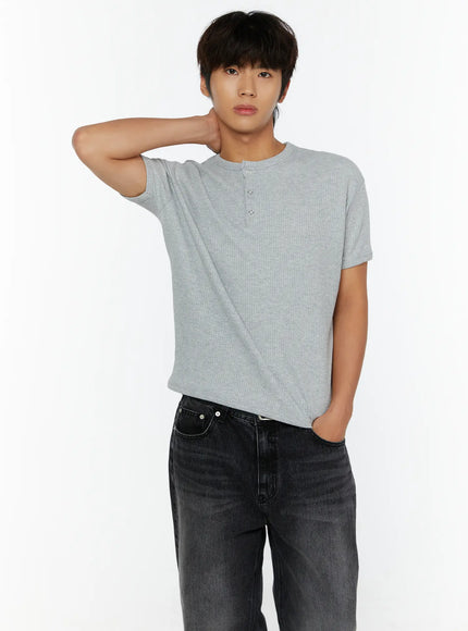 Men's Waffle Henley T-Shirt IL513 Gray cropped front view on male model hand behind neck highlighting three-button henley placket and waffle-knit texture