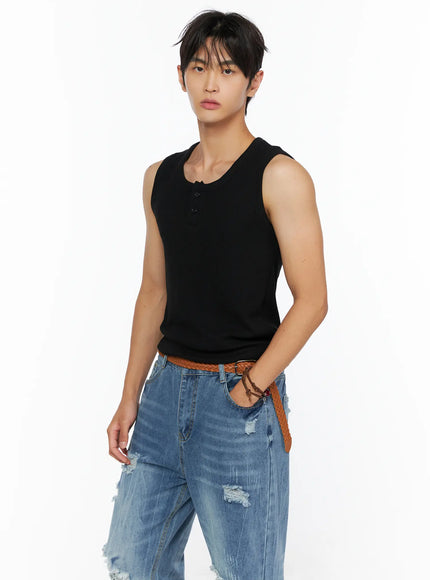 Men's Waffle Knit Henley Tank IL520 in Black, size S/M