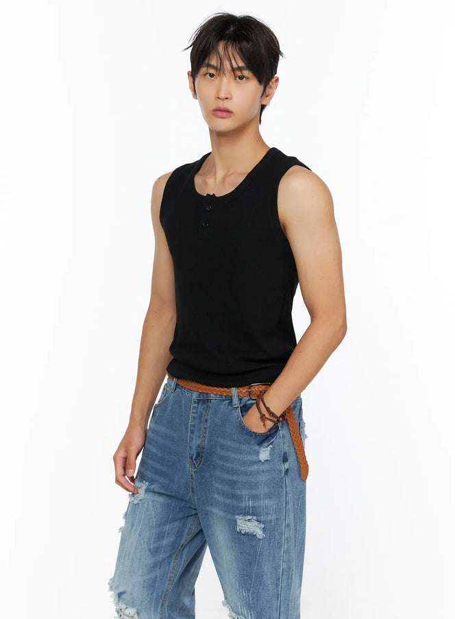 Men's Waffle Knit Henley Tank IL520 in Black, size S/M