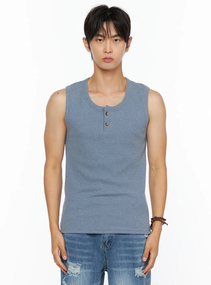 Men's Waffle Knit Henley Tank IL520 in Gray, size S/M