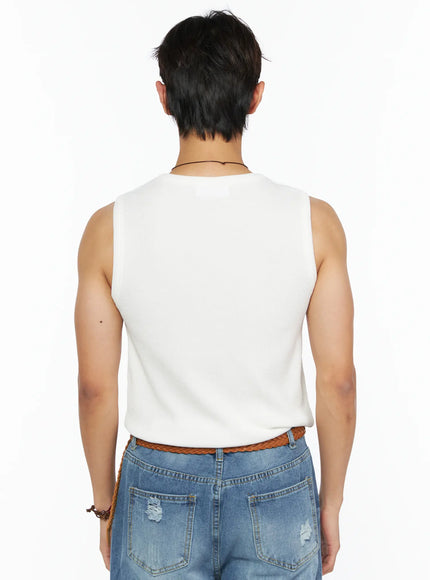 Men's Waffle Knit Henley Tank IL520 white back shot on male model showing clean ribbed knit back panel and open armhole design paired with blue ripped denim and braided leather belt