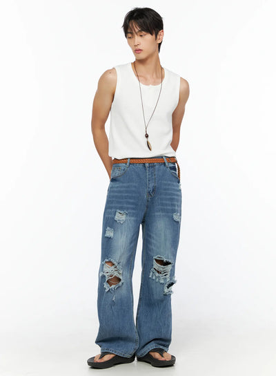 LEWKIN Men's Waffle Knit Henley Tank IL520 white front shot on male model standing with hands in pockets styled with blue ripped wide-leg jeans and braided belt