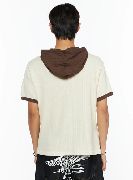 Men's Waffle Knit Hooded Henley Tee IL515 Light beige back shot on male model showing brown waffle knit hood drape and brown contrast sleeve cuffs with ribbed texture