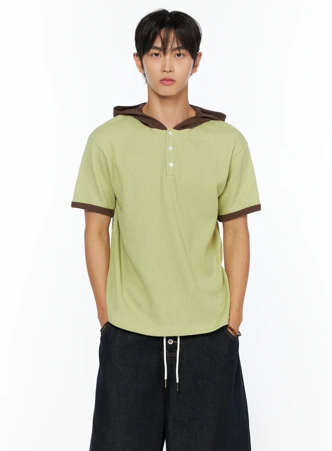 Men's Waffle Knit Hooded Henley Tee IL515 green front shot on male model cropped view showing waffle texture brown contrast hood and sleeve trim with henley buttons
