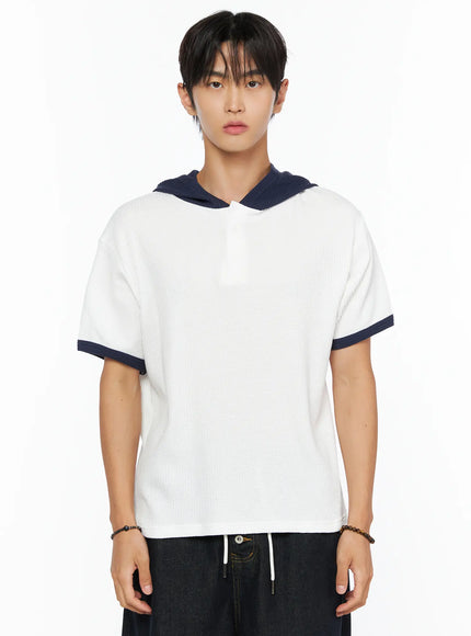 Men's Waffle Knit Hooded Henley Tee IL515 in White, size S/M