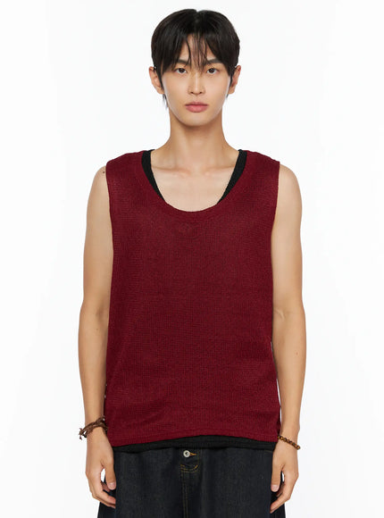 Men's Waffle Knit Layered Tank IL515 Red front shot on model showing burgundy waffle knit body black contrast neckline and hem layered over black undershirt
