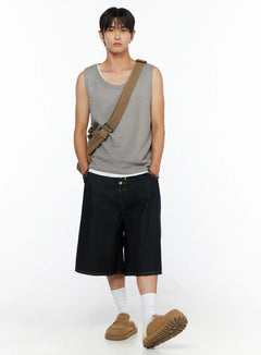 LEWKIN Men's Waffle Knit Layered Tank IL515 Gray full-body front shot on model styled with crossbody bag dark denim shorts and suede loafers