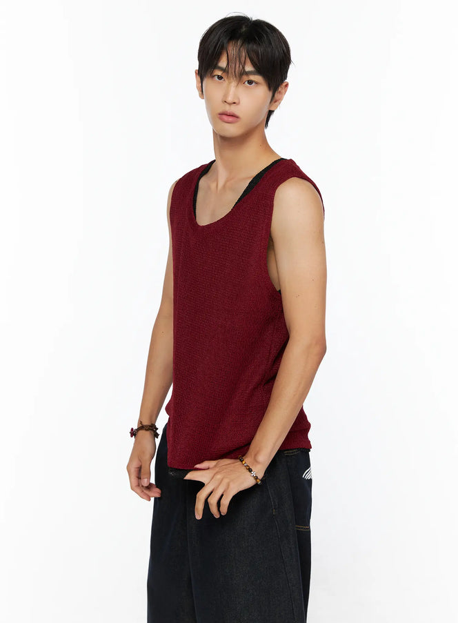 Men's Waffle Knit Layered Tank IL515 in Red, size S/M