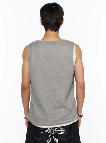 Men's Waffle Knit Layered Tank IL515 Gray back shot on model showing full back panel waffle knit texture and white layered undershirt hem with denim shorts