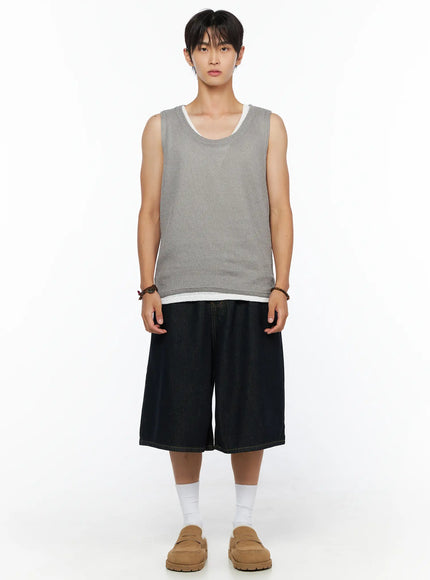 Men's Waffle Knit Layered Tank IL515 Gray front shot on model standing straight showing waffle knit texture and white contrast layered hem