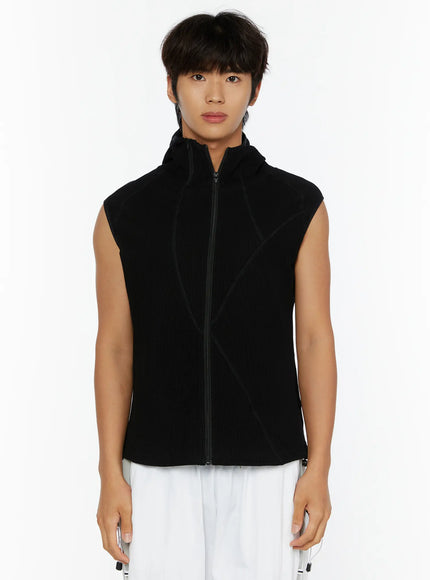 Men's Waffle Knit Zip-Up Sleeveless Hoodie IL515 Black front shot on model standing straight showing full zip center seam stitch lines and sleeveless silhouette