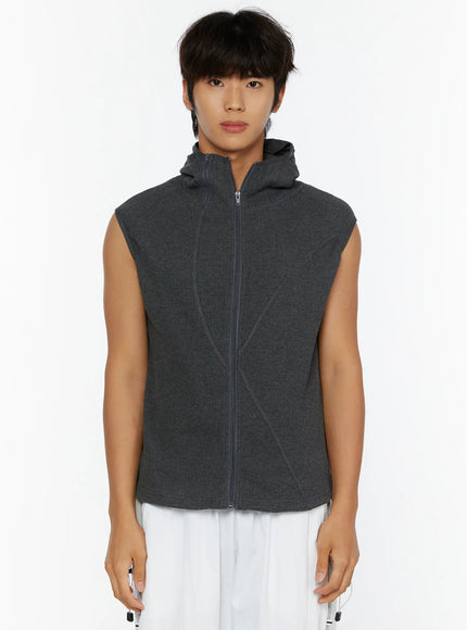 Men's Waffle Knit Zip-Up Sleeveless Hoodie IL515 in Dark gray, size S/M