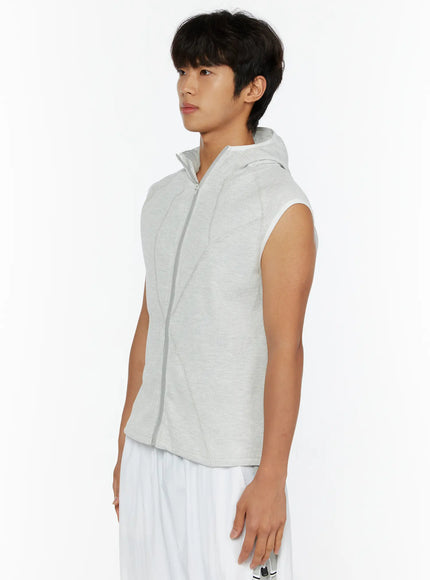 Men's Waffle Knit Zip-Up Sleeveless Hoodie IL515 Light gray side close-up shot on model showing zip-up front and waffle knit fabric texture with hood detail