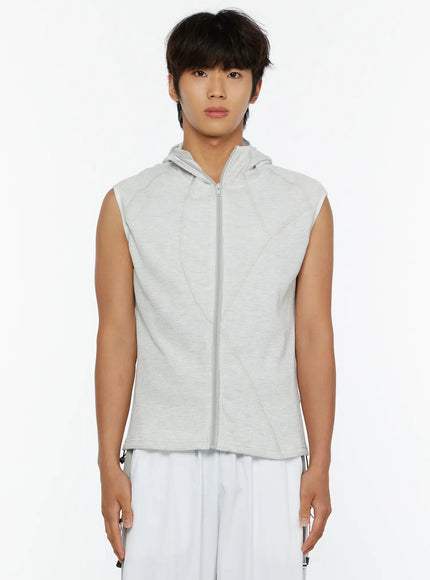 Men's Waffle Knit Zip-Up Sleeveless Hoodie IL515 Light gray front crop shot on model showing zip closure center front seam detail and waffle knit fabric