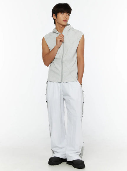 LEWKIN Men's Waffle Knit Zip-Up Sleeveless Hoodie IL515 Light gray full-body front shot on model styled with white cargo pants and black boots
