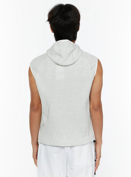 Men's Waffle Knit Zip-Up Sleeveless Hoodie IL515 Light gray back shot on model showing waffle knit texture hood and clean back panel with white pants