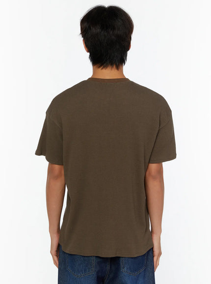 Men's Waffle Short Sleeve Tee IL515 Khaki back shot on male model showing waffle knit texture, crew neck ribbed collar and relaxed short sleeves