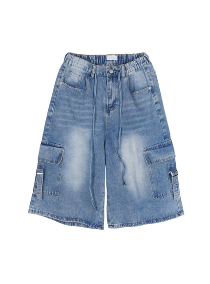 Men's Washed Cargo Jorts IL515 Light blue flat-lay front view showing elastic waistband drawstring cargo pockets buckle straps and washed finish