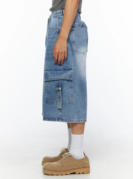 Men's Washed Cargo Jorts IL515 Light blue pure side view on model showing cargo pocket buckle strap elastic waistband and wide-leg silhouette
