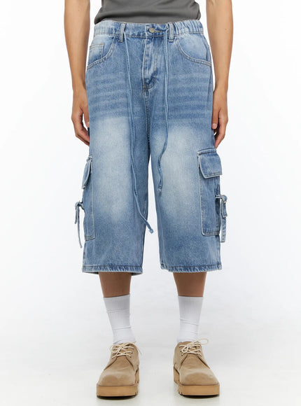 LEWKIN Men's Washed Cargo Jorts IL515 Light blue front view on model size M/L showing cargo pockets drawstring waist and acid-wash denim