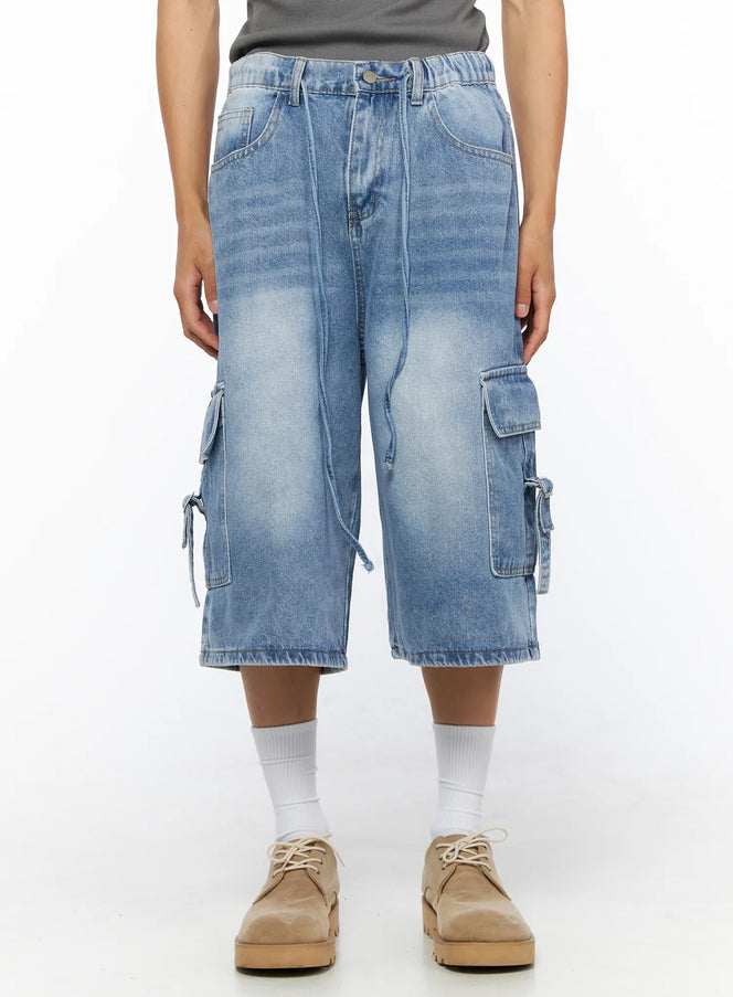 LEWKIN Men's Washed Cargo Jorts IL515 Light blue front view on model size M/L showing cargo pockets drawstring waist and acid-wash denim