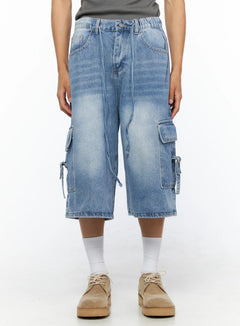 LEWKIN Men's Washed Cargo Jorts IL515 Light blue front view on model size M/L showing cargo pockets drawstring waist and acid-wash denim