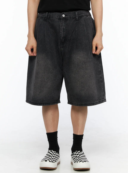 LEWKIN Men's Washed Pintuck Jorts IL514 Black front view on model wearing black tee and checkered slip-ons, size S, wide-leg faded denim shorts