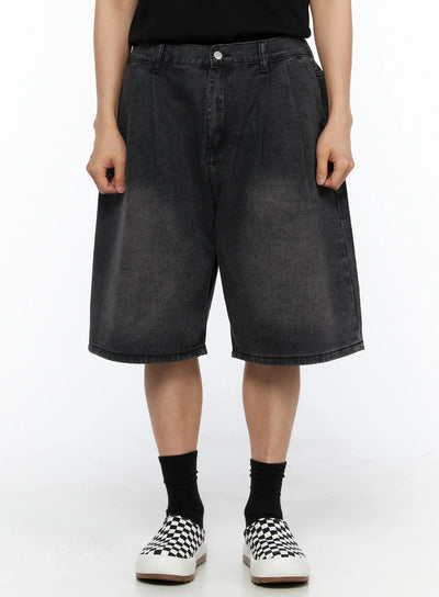 LEWKIN Men's Washed Pintuck Jorts IL514 Black front view on model wearing black tee and checkered slip-ons, size S, wide-leg faded denim shorts
