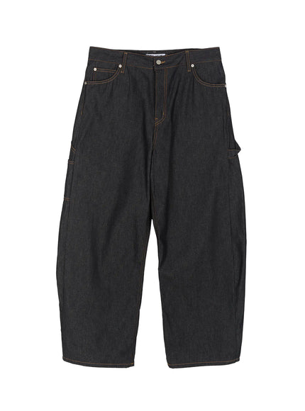 Men's Washed Wide Leg Jeans IL510 Black flat-lay front view showing balloon wide-leg silhouette, orange contrast stitching, carpenter pocket and five-pocket construction