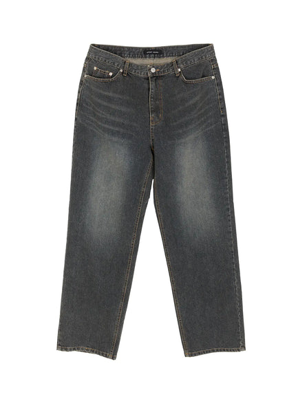 Men's Washed Wide Leg Jeans IU529 Dark blue flat-lay front view showing wide-leg cut, faded wash, 5-pocket construction, and silver rivet hardware