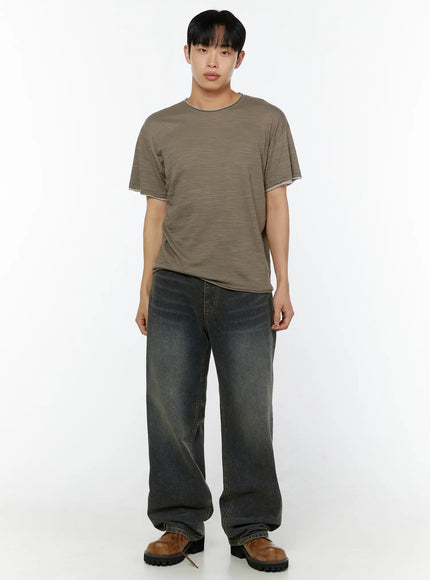 Men's Washed Wide Leg Jeans IU529 Dark blue full-body front shot on model in khaki slub tee and brown boots, arms at sides, relaxed wide-leg fit visible